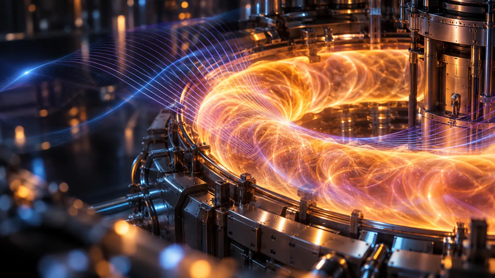 The glowing orange plasma ring of a tokamak inside polished steel, with blue and violet interference fringes sweeping across it