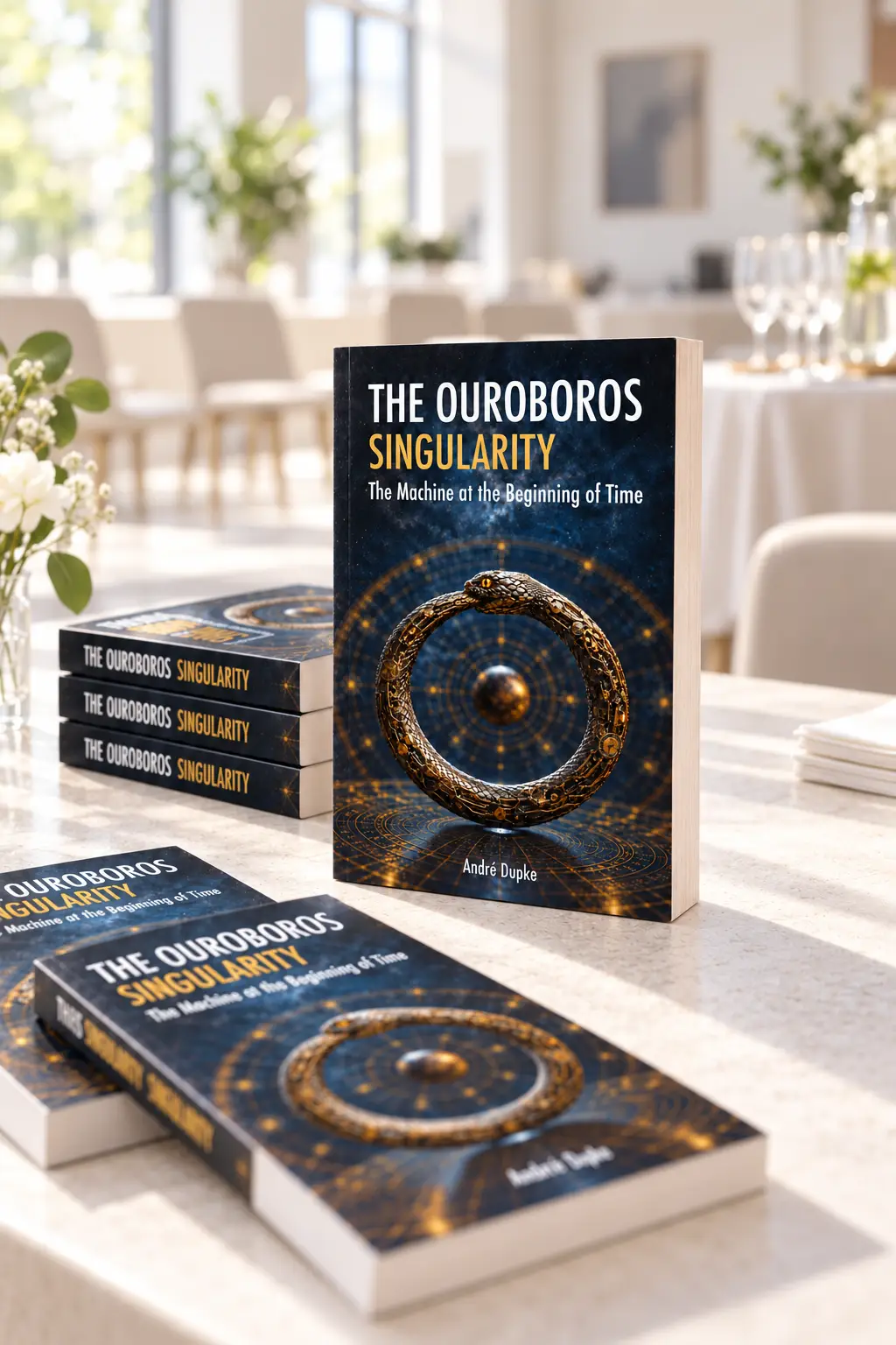 Copies of the softcover edition of The Ouroboros Singularity on a sunlit marble counter, one standing upright with the gold ouroboros on its cover facing forward