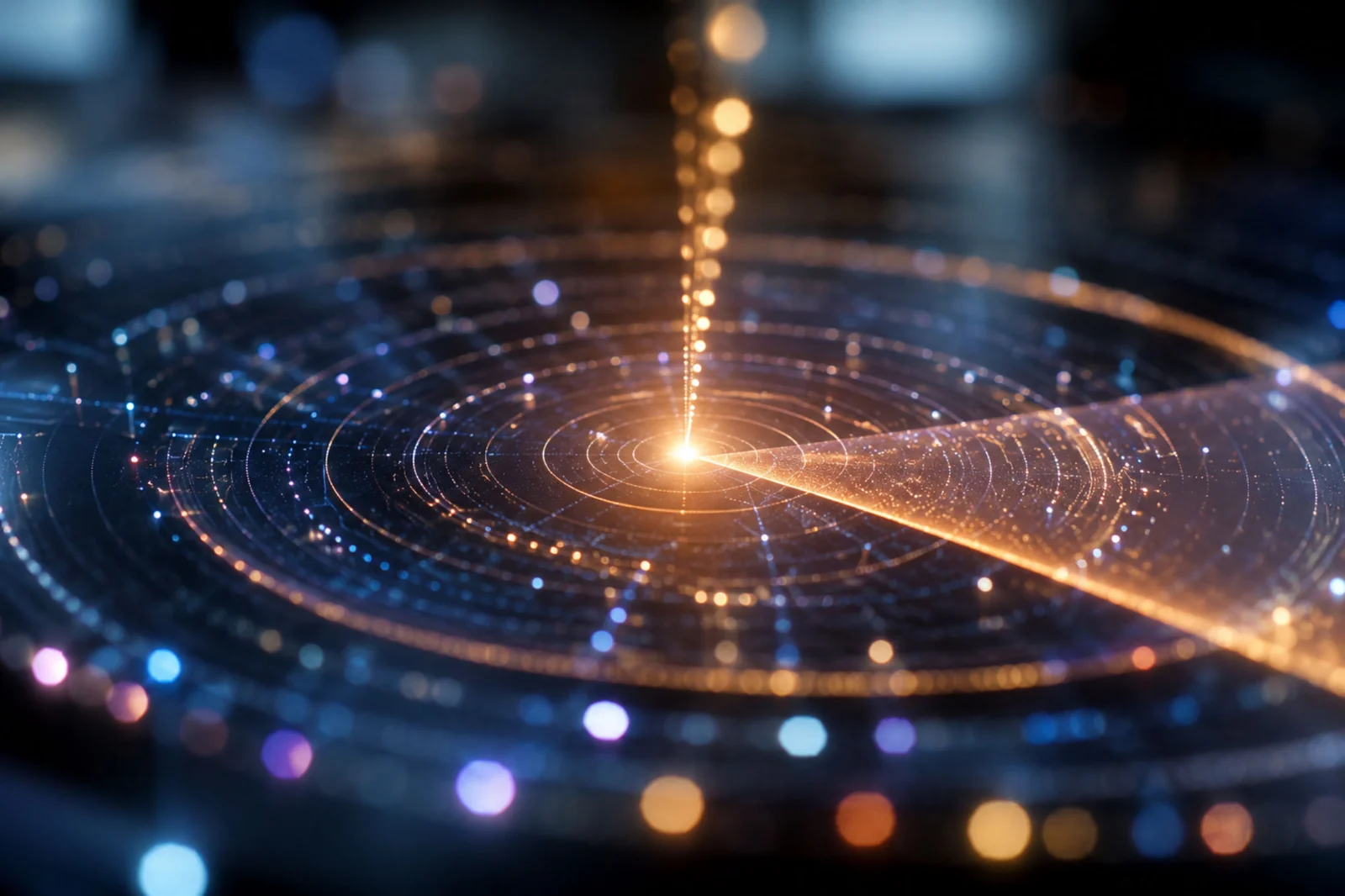 A disk of concentric rings of light, a bright core at its center and a beam sweeping across it